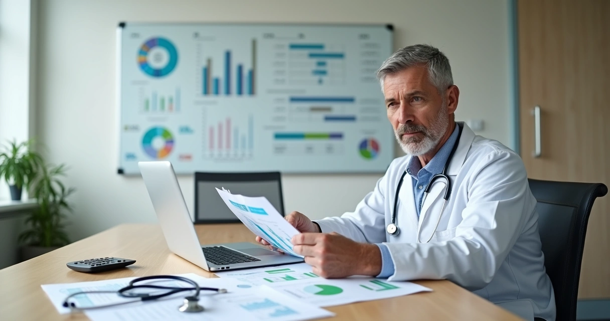 Médico observa gráfico de custos médicos sobre mesa de consultório